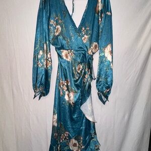 YUHAN Floral Blue Wrap Dress